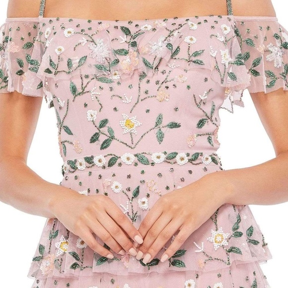 NWT Mac Duggal 9069 Pink Beaded Chiffon Ruffle Tiered Maxi Dress sz 10 reg 698 - Picture 3 of 11